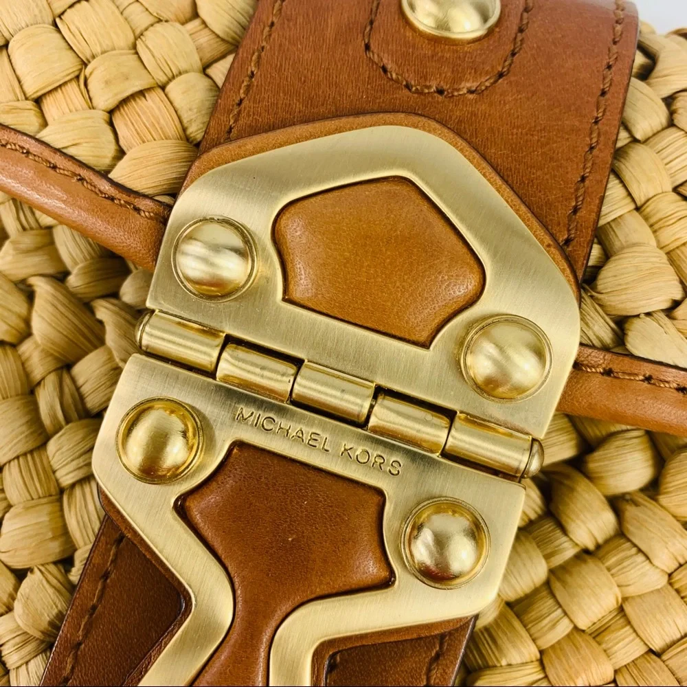 Michael Kors Tan Woven Straw Shoulder Bag with Gold Hardware